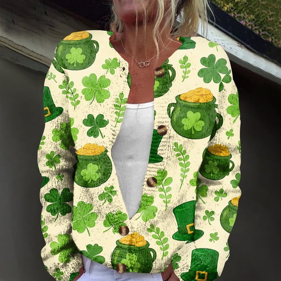 St. Patrick's Day Cardigan Sweaters for Women Oversized Cardigan Funny Shamrock Print Cardigans 2026 Spring Trendy St. Patrick's Day Knit Cardigans