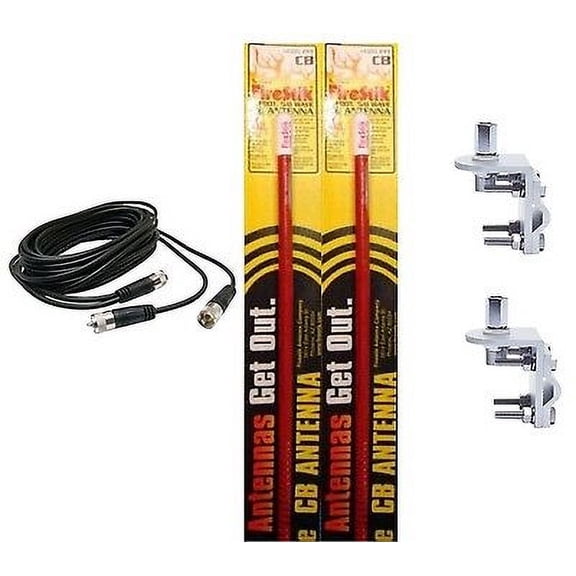 NEW 2 FIRESTIK KW2 R 2FT RED CB ANTENNA, 12FT DUAL COAX, BRACKETS & STUD KIT