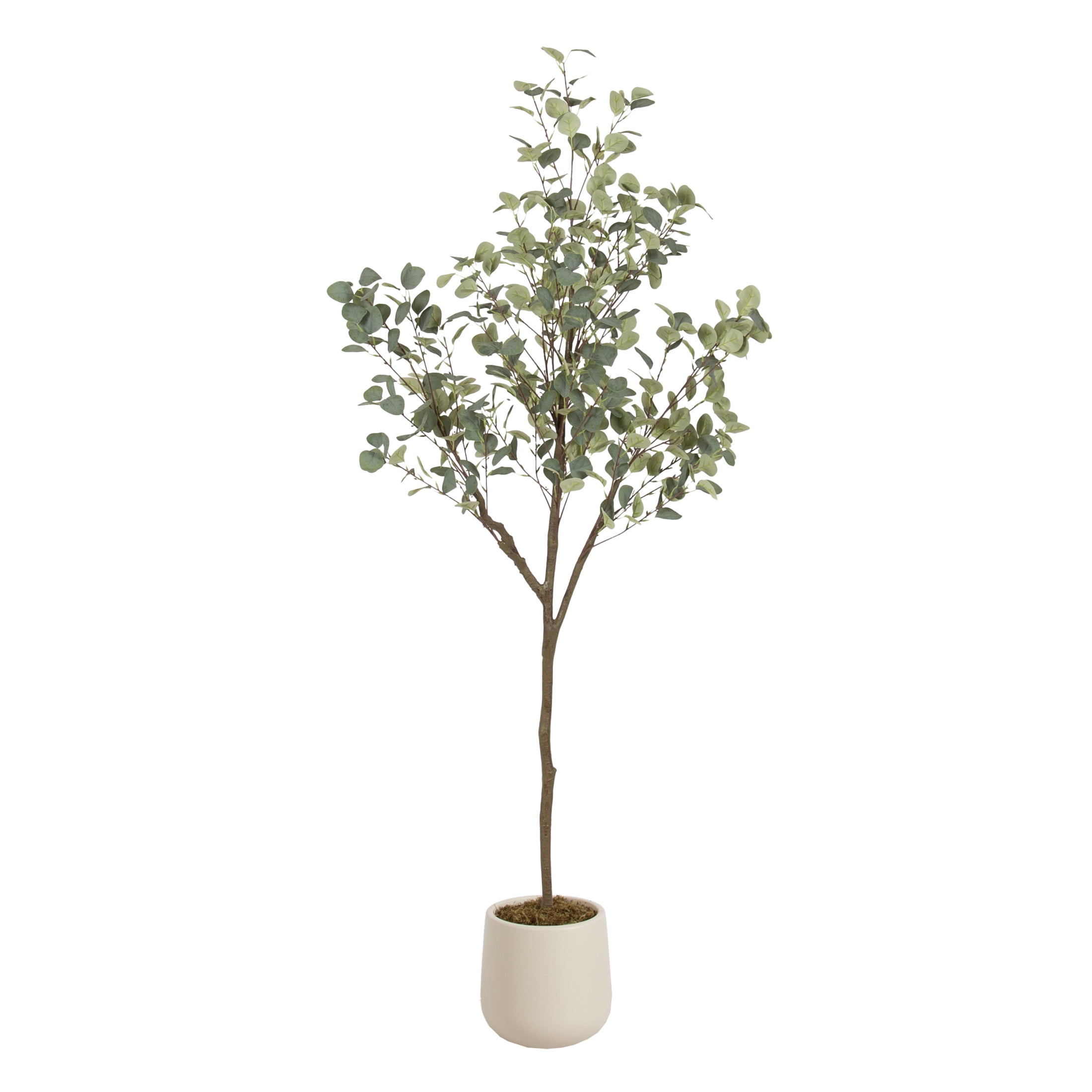 Kate and Laurel Eudora Faux Eucalyptus Tree with Jia Curved Planter Pot, 6 FT, Cream, Potted Artificial Tree Indoor with Realistic Foliage and Added Moss, Fake Plant for Living Room Decor