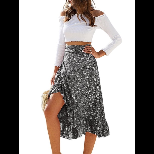 Falda Midi con Abertura y Volantes en el Bajo, con Nudo y Estampado Floral Bohemio para Mujer Negro L