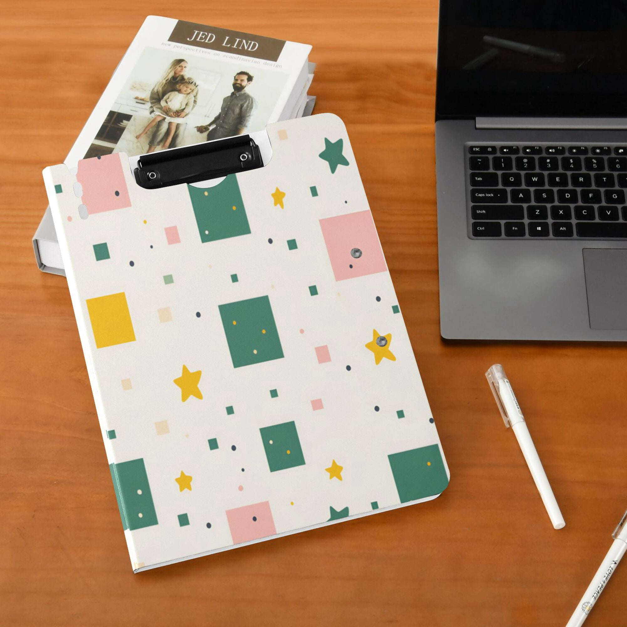 FORMRS A4 Clipboard Folder with Pen Holder Horizontal Foldable School Office Binder, Green Abstract Pattern