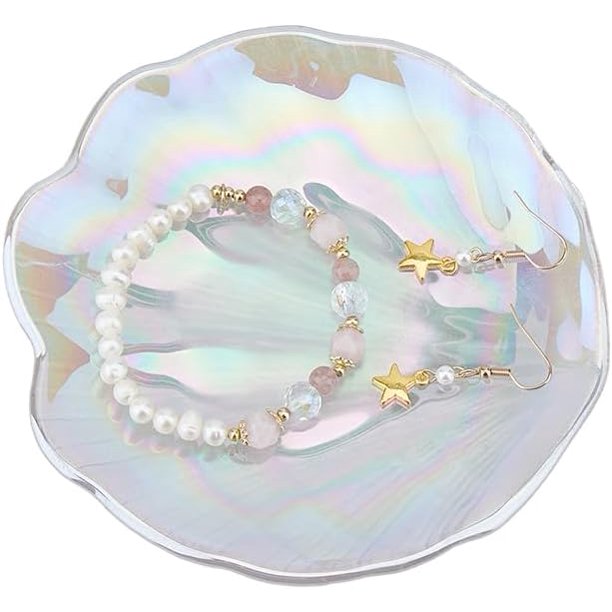 Bandeja para joyas con forma de concha de cristal, transparente, moderna y organizadora de joyas con forma de concha marina.