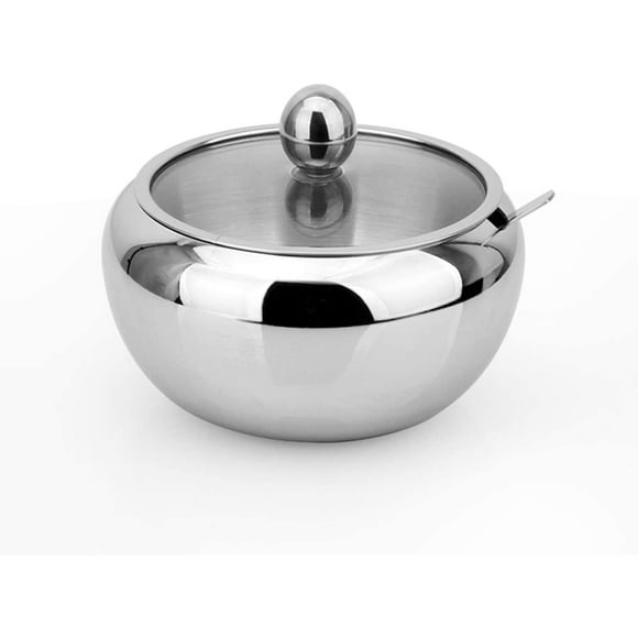 Sugar Bowl, Stainless Steel Sugar Bowl with Clear Visible Lid Glossy Inbuilt Spoon