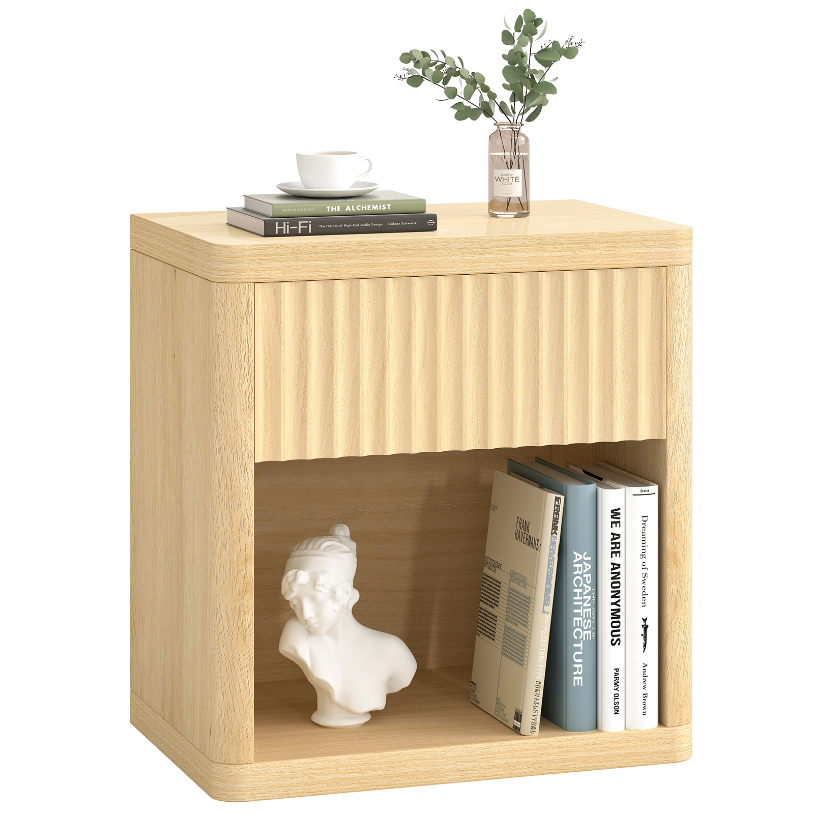 Fluted Nightstand with Drawer, Bedside Tables with Open Storage, Large Wood Night Stand for Bedroom Living Room, Natural