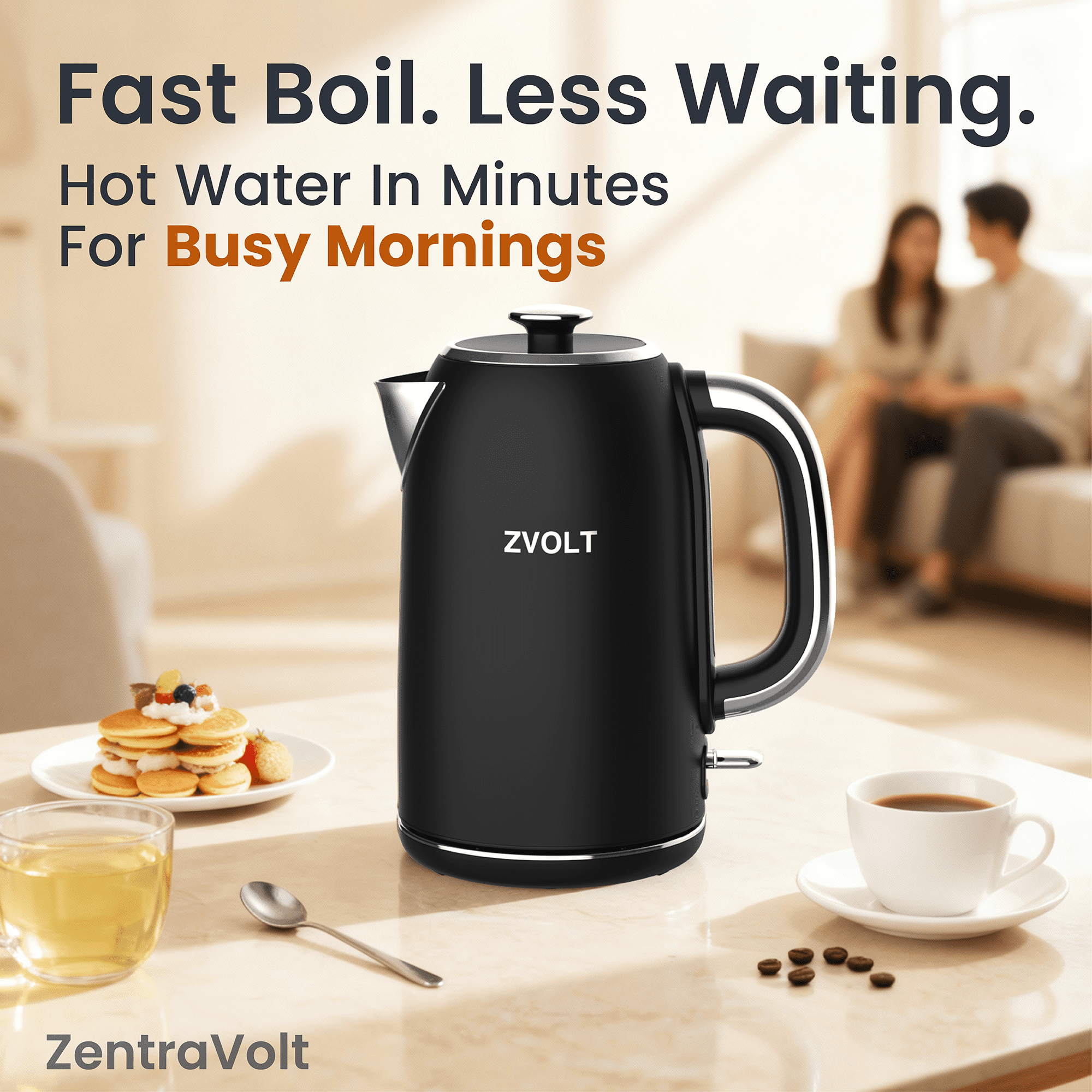 ZentraVolt 1.7L Electric Tea Kettle, Stainless Steel Matte Black with Red LED Indicator, Auto shut-off, Removable Lid