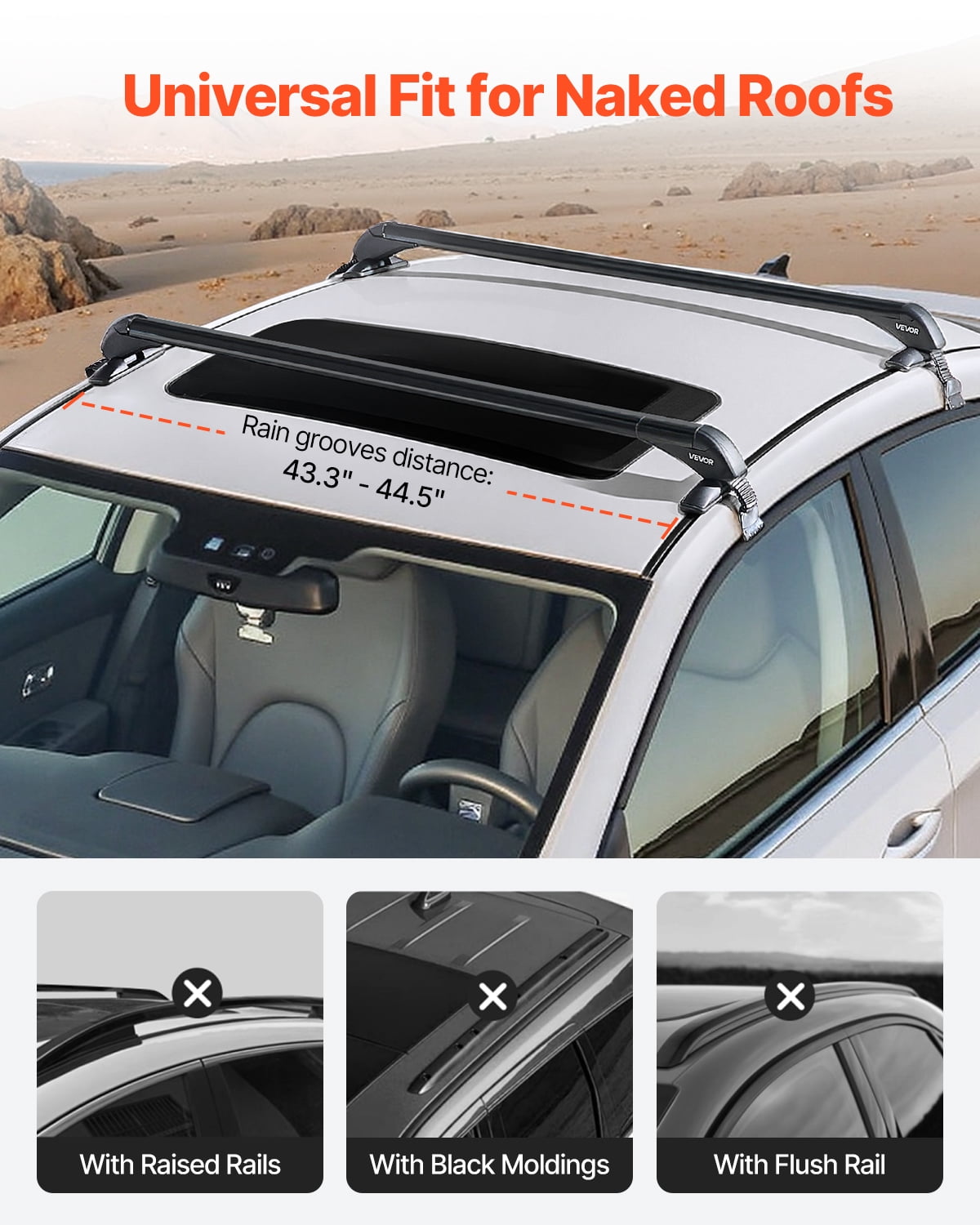 VEVOR Roof Rack Cross Bars, Universal Fit for Naked Roofs Without Raised Rails/Flush Rail/Black Moldings, 165 LBS Capacity,Lockable Heavy Duty Aluminum Crossbar Racks Roof Rail Rooftop Luggage Canoe