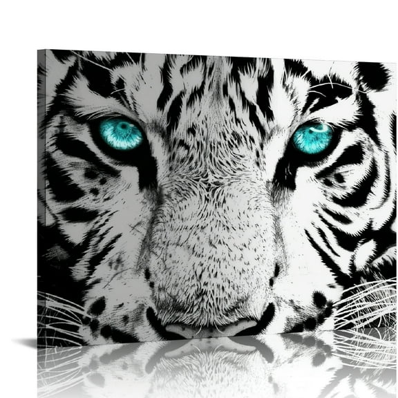 JRXY Black and White Tiger with Teal Blue Eyes Picture Wildlife Animals Canvas Wall Art for Home Office Bedroom Decoration Stretched and Framed Ready to Hang  20x16in