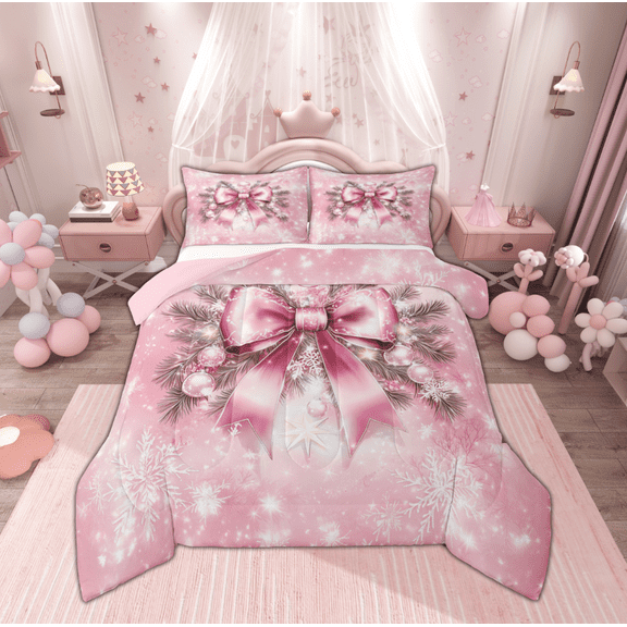 Manfei Girly Pink Bowknot Bedding Comforter Set for Teen, Princess Christmas Bow Twin Comforter Sets, Magic Snowflake Reversible Bedding Set, Ultra Soft Home Decor, 2 Pieces