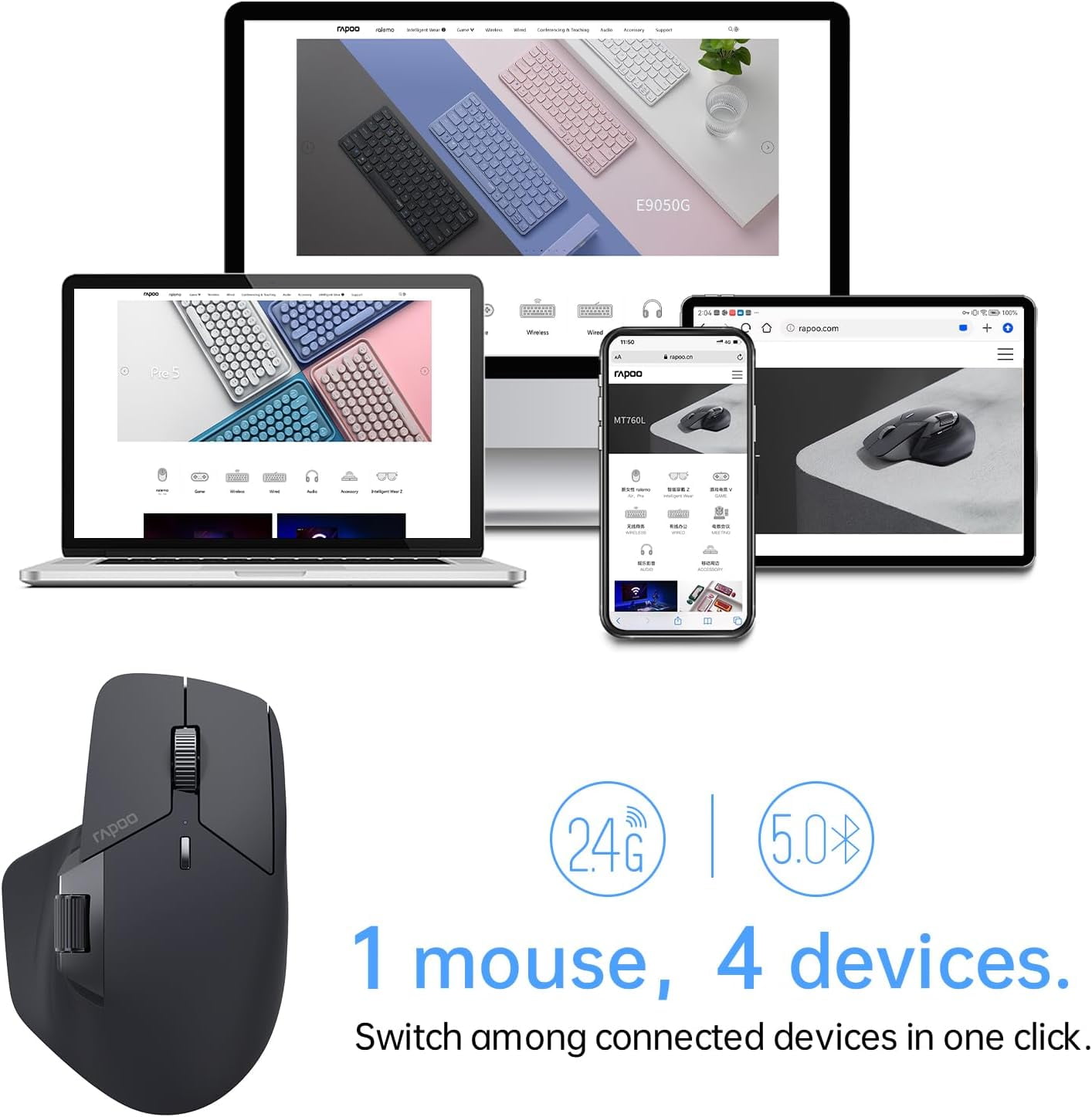 MT760 Multi-Device Wireless Mouse, Bluetooth 5.0 and 2.4G Multi-Mode Connection, Up to 4 Devices, 11 Programmable Buttons, 4K DPI, 90 Days Battery Life, PC, Matte Black