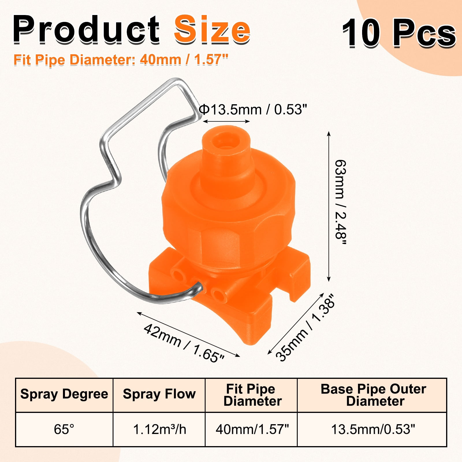 10Pack 65 Degree Spray Nozzle with Clip Fit 40mm/1.6" Hose, 1.12m³/h