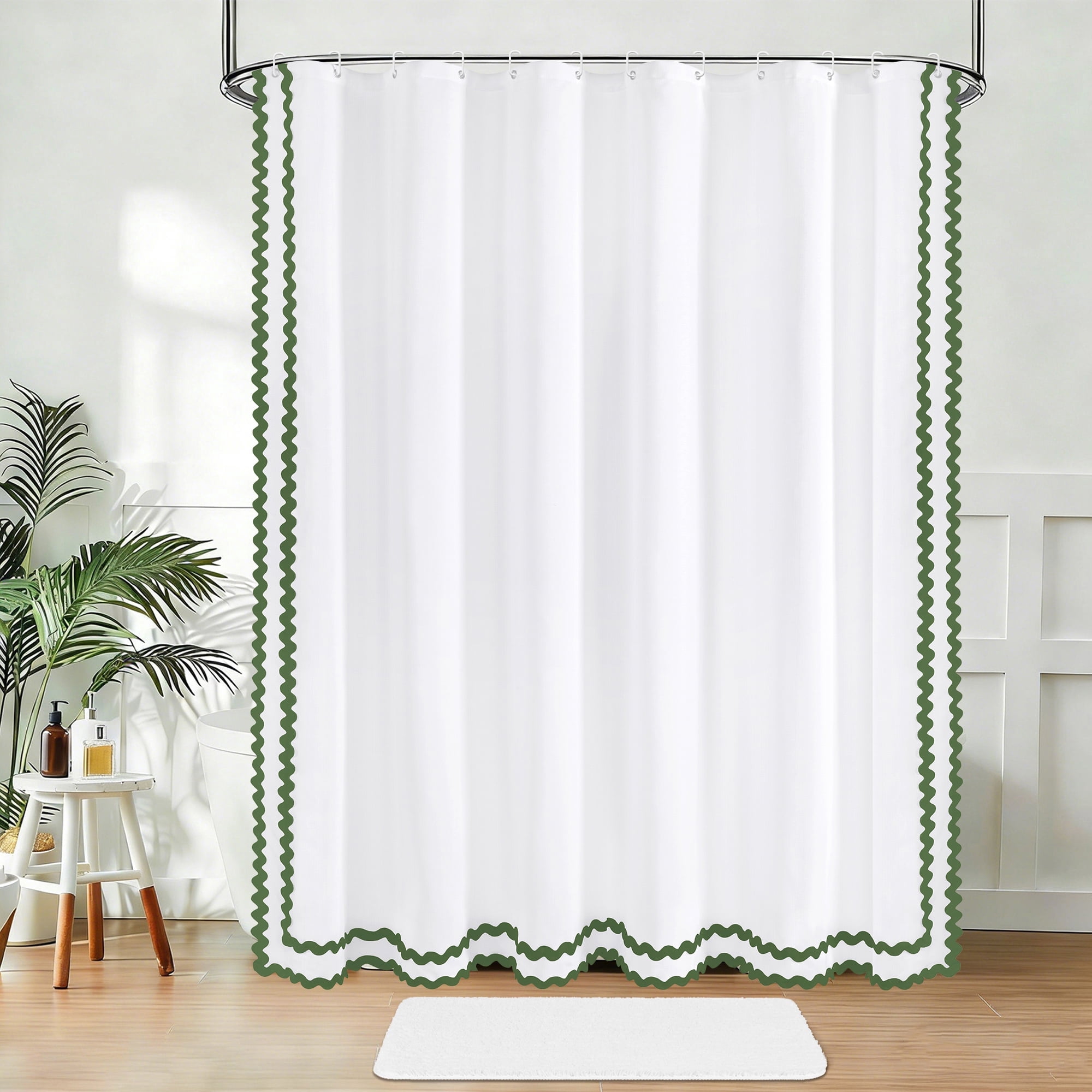 FRAMICS Sage Green Scalloped Shower Curtain Sets with Rug, 14 Piece Fabric Bathroom Sets with Hooks, Heavy-Duty Slub Textured & Waterproof, 72" x 72"