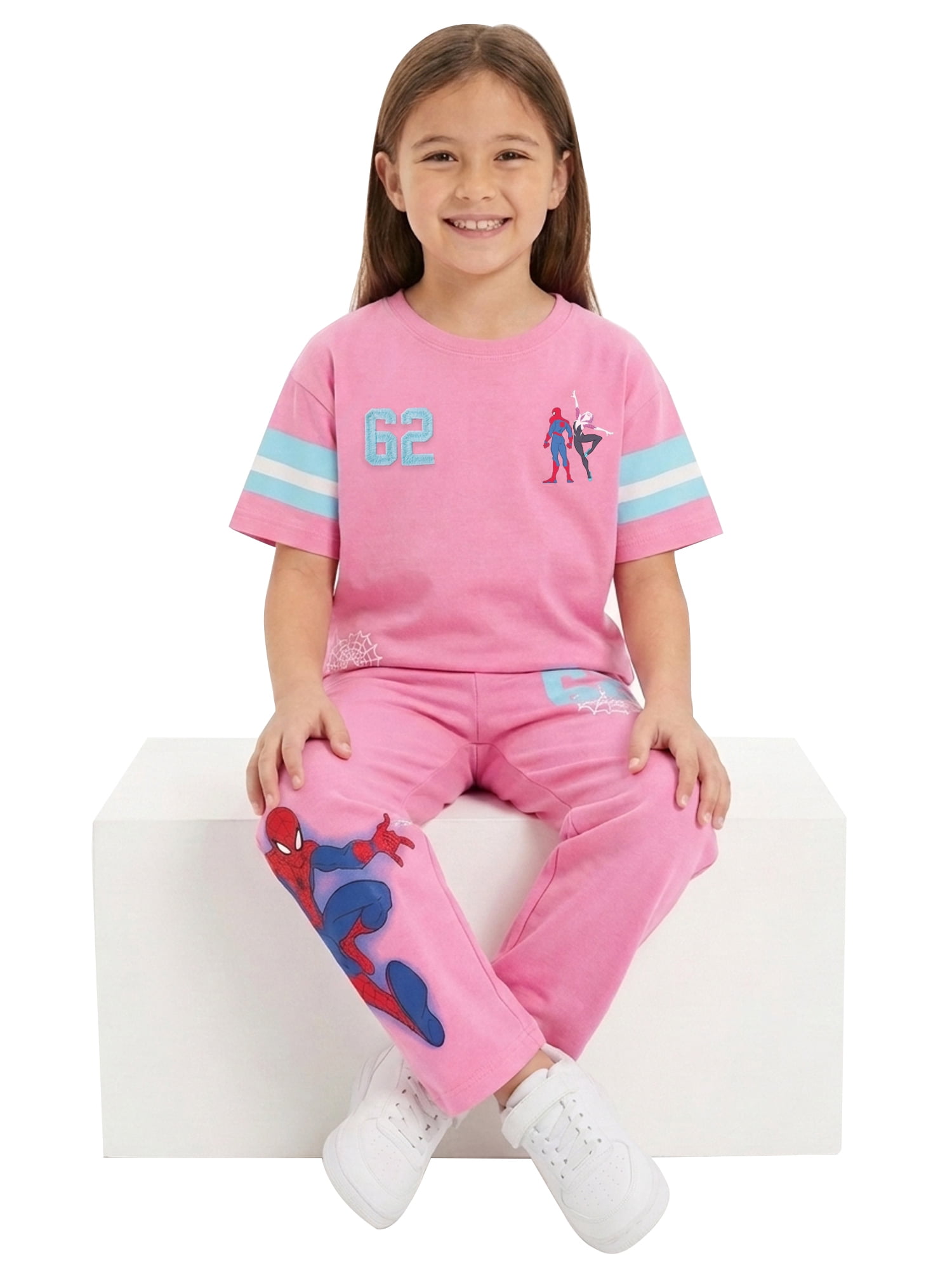 Spider-Man Girls' Athletic Front & Back T-shirt with Embroidery & Straight Leg Fleece Pants, 2-Piece, Sizes 4-16