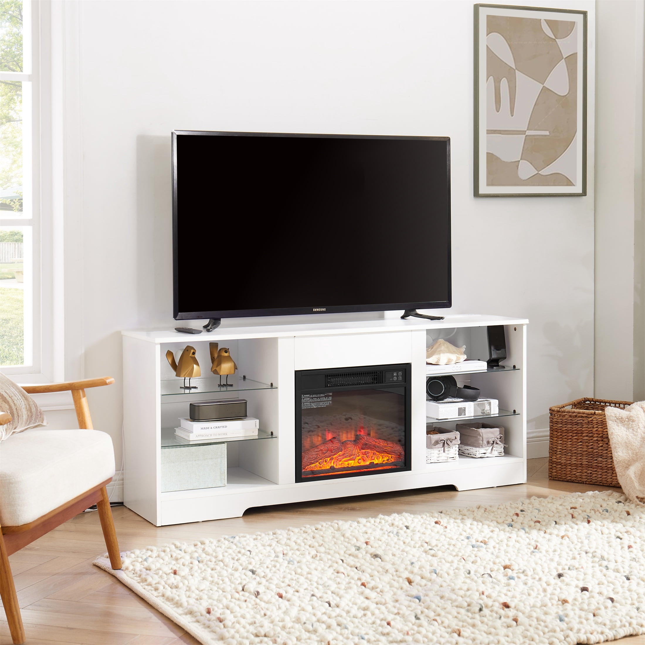 SESSLIFE Fireplace TV Stand, 58" LED Light Entertainment Center with Adjustable Flame Fireplace, Power Outlets & Shelves, Remote & App Control, TV Stand with Fireplace for Living Room, White