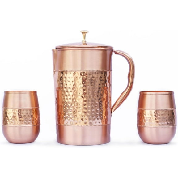 Pure Copper Water Jug with 2 Barrel  Tumblers (Hammered & Plain) - Ayurvedic Benefits