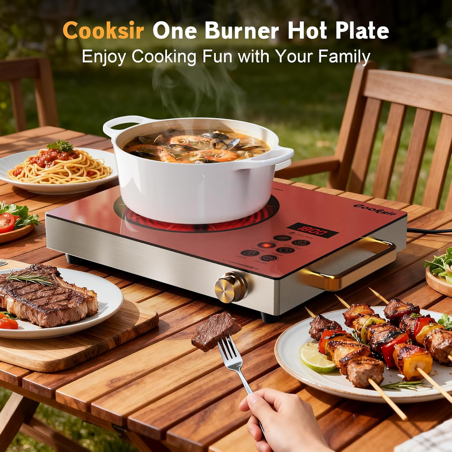 Single Burner Electric Cooktop - 110V 1800W Portable One Burner Hot Plate, Countertop Electric Stove top for Home, Camping, RV, Timer, Child Lock, Steam, BBQ, Stir Fry, 120V Plug in (Orange)