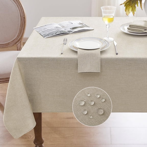 Linen Textured Rectangle Tablecloth, Waterproof Wipeable Farmhouse Burlap Table Cloth, Stain Resistant Wrinkle Free Table Covers for Kitchen Dining Holiday Party (140*180cm, Beige)