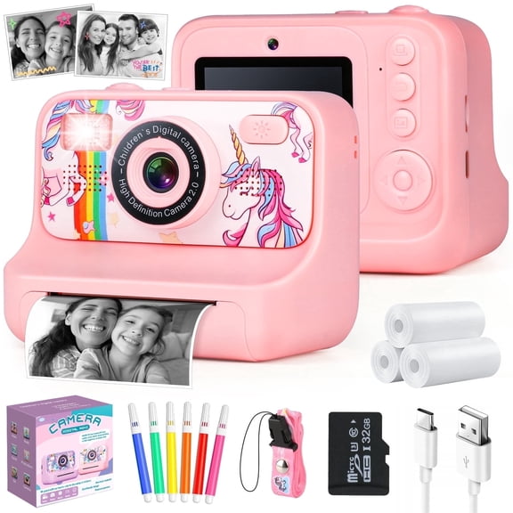 UQN Kids Digital Camera, 1080p Instant Print Camera for Boys Girls 3-10 Years Old, 32GB Unicorn Photo Toys, Christmas Birthday Gifts for 3 4 5 6 7 8 Year Old Kids Toddlers-Pink
