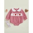 thumbnail image 4 of BemeyourBBs Newborn Baby Girl Valentines Day Outfit Gingham Plaid Bubbel Rompers Puff Long Sleeve Letters Embroidery Bow Decor Bubble Bodysuit Infant Spring Clothes, 4 of 9
