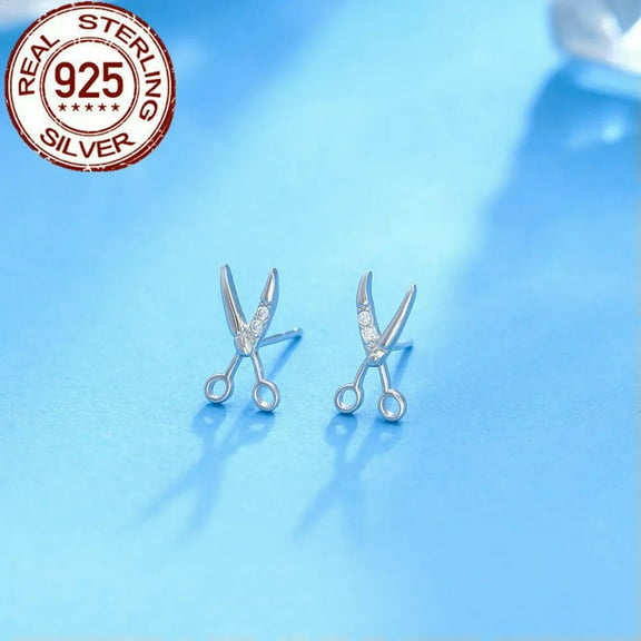Real 5A Genuine 100% 925 Sterling Silver CZ Scissors Stud Earrings S925 Jewelry