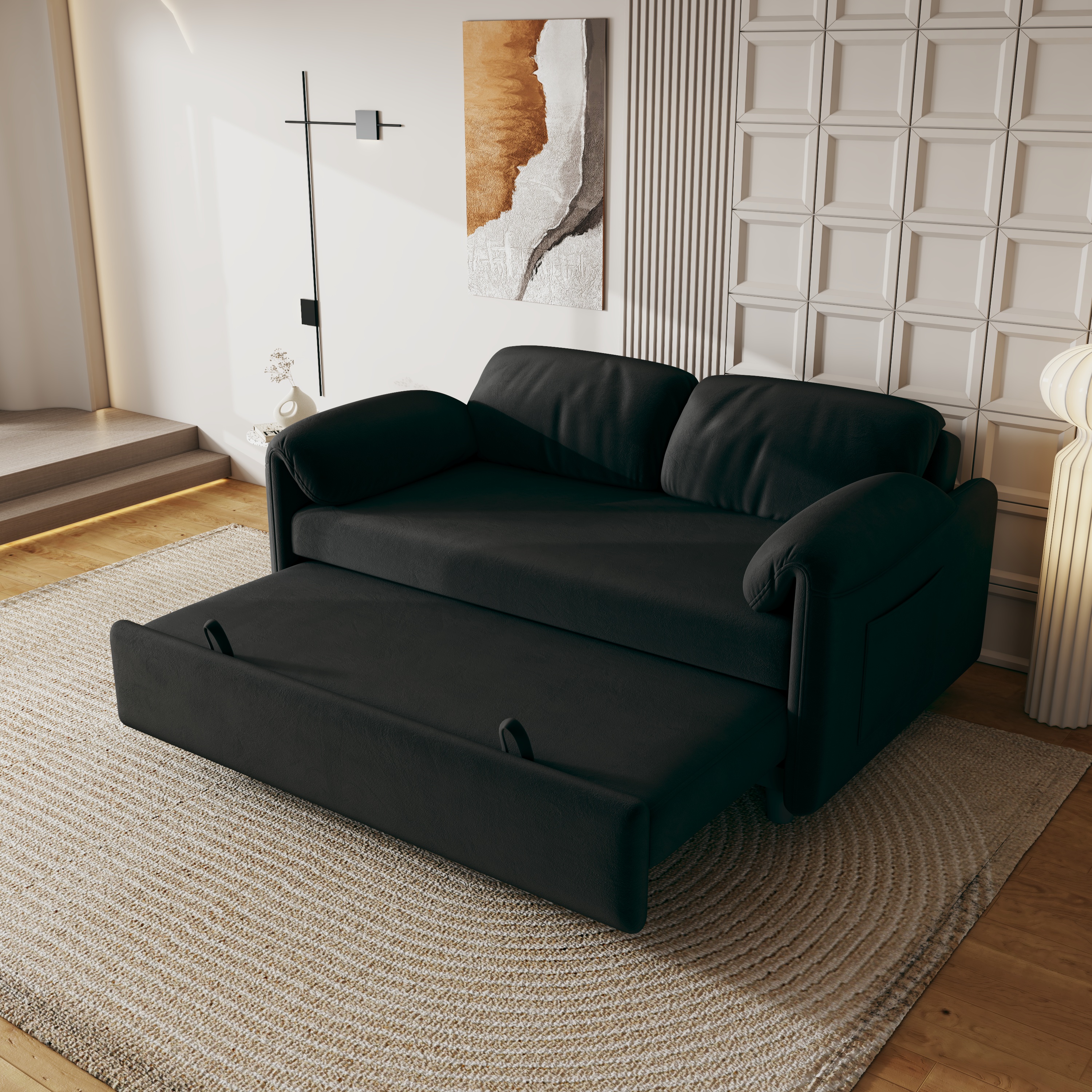 54" Velvet Futon Sofa Bed Convertible Sleeper Sofa Bed Pull Out Sofa Bed With Adjustable Backrest for Living Room,Office,Black