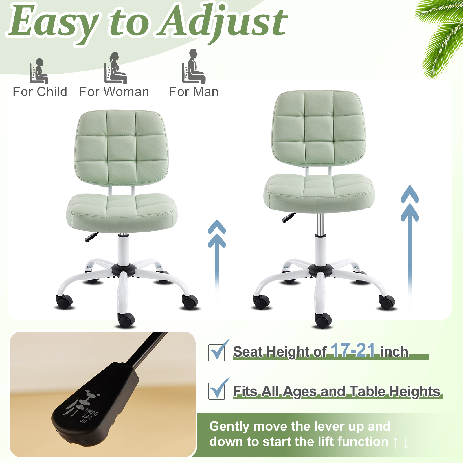 Ktaxon Armless Office Chair with Star Base PU Swivel Task Chair with 9-Grid Design for Study Room or Dressing Area Green