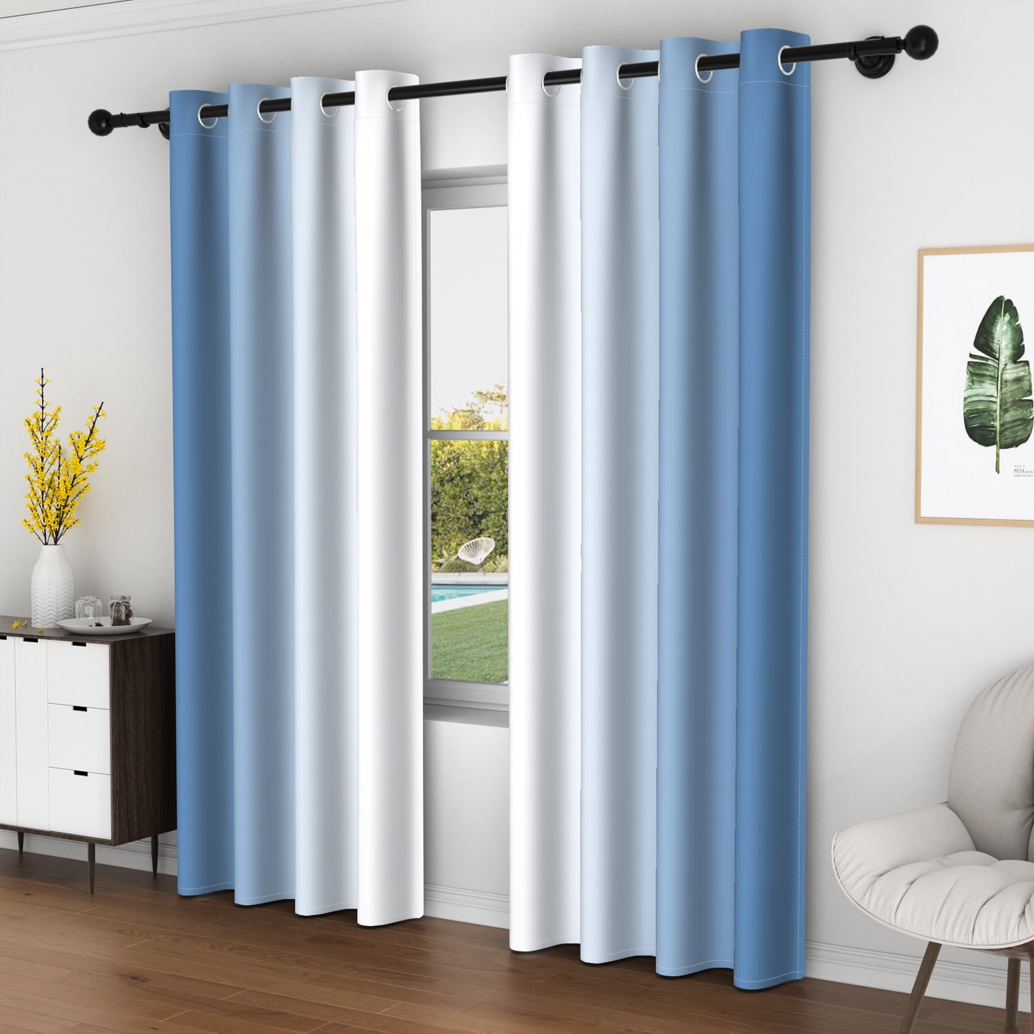 Lfeey Blackout Drapes Blue White Gradient, Room Darkening Curtains, 42x84 inch, Set of 2