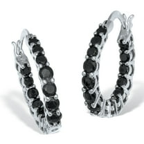 Round Black Crystal Silvertone Hoop Earrings