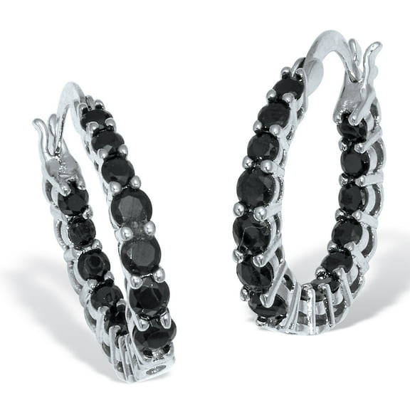 Round Black Crystal Silvertone Hoop Earrings
