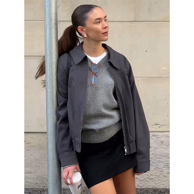 Chaqueta informal lisa con cremallera para mujer, abrigo holgado de manga larga para mujer, moda Otoño Invierno 2023, abrigo femenino de calle alta con bolsillo con solapa