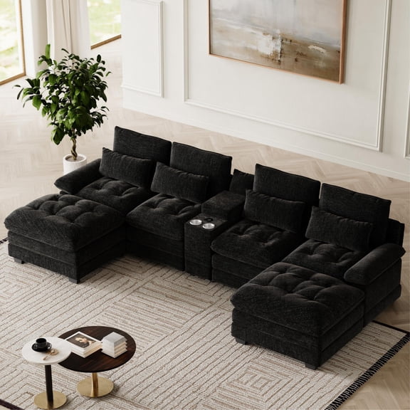 Rophefx Chenille Oversized Cloud Modular Sofa,134" U Shaped Sectional Sofa Couch with Storage Console&USB Port,6 Tufted Deep Seater Couch Set for Living Room,Shining Black