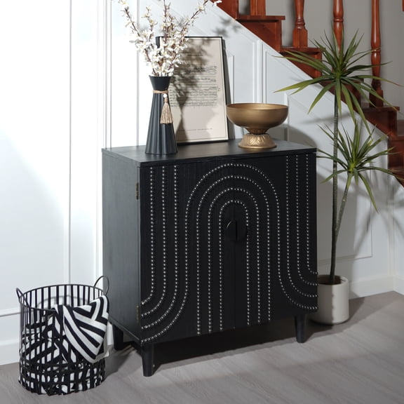 GDF Studio Sideboard Cabinet with Nailhead Accents, 2-Door Buffet Storage, Black
