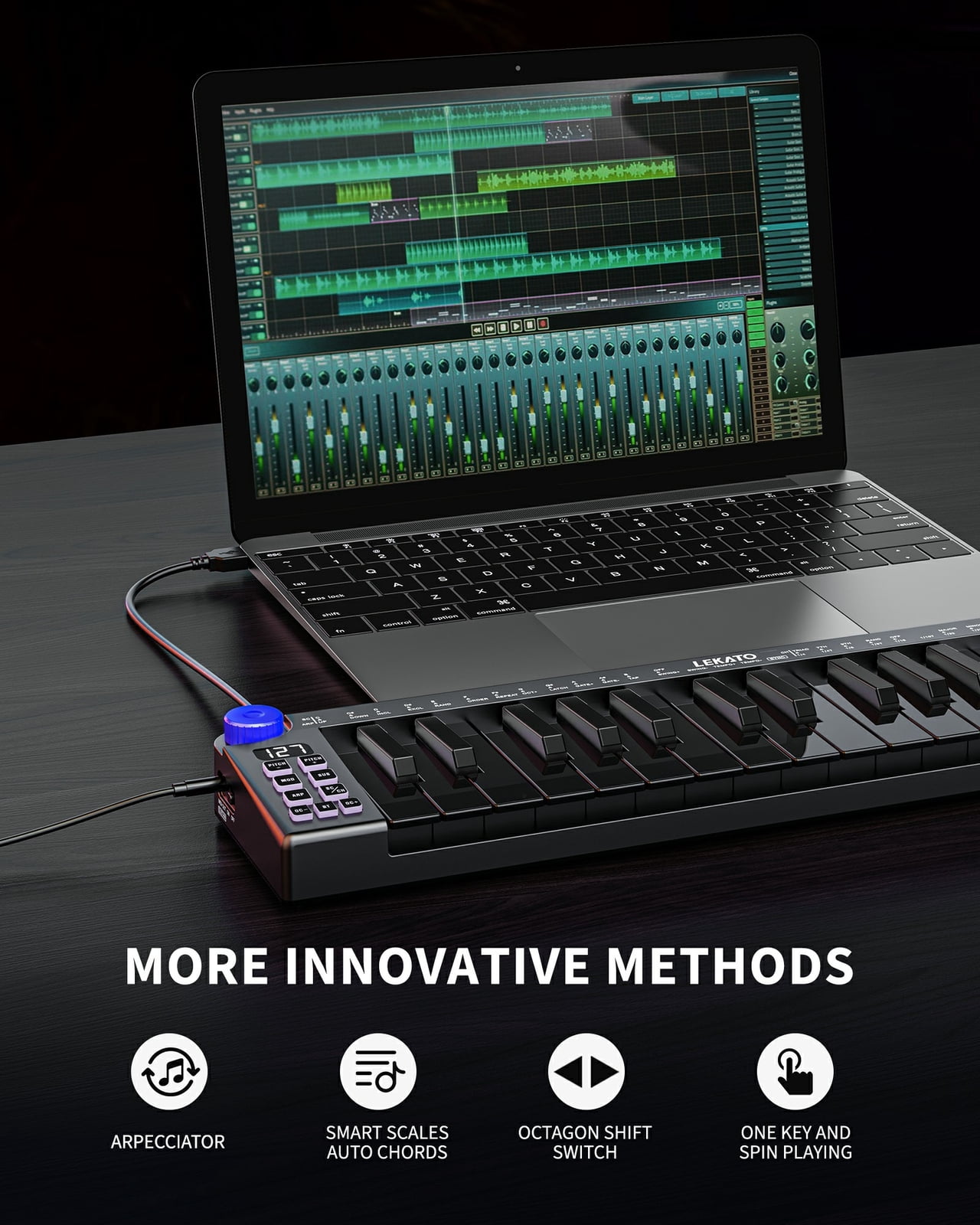 LEKATO Mini MIDI Keyboard 25 Key Bluetooth MIDI Controller 360 Knob Rechargeable