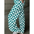 thumbnail image 3 of Women Casual Checkered Pants Elastic Waist Comfy Loose Wide Leg Pants with Pockets  Green XL, 3 of 5