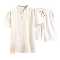 Dagegui 2 Piece Mens Casual Outfit Big and Tall Cotton Linen Set Solid Stand Neck T-Shirts and Short Pants Sets Daily Colthes White 2XL