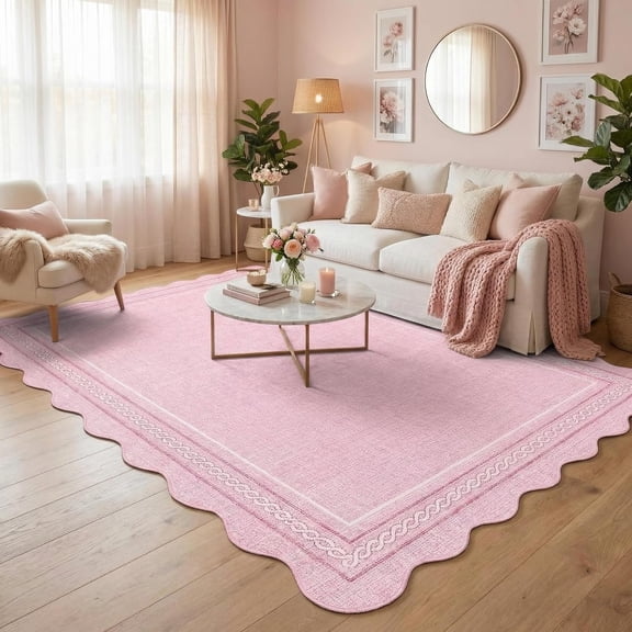 Scalloped Washable Area Rugs 4x6 Entry Rug Non Slip Pink Playroom Rug Small Living Room Area Rug Soft Non Shedding Low Pile Stain Resistant Carpet for Kitchen Bedroom Nursery, Pink