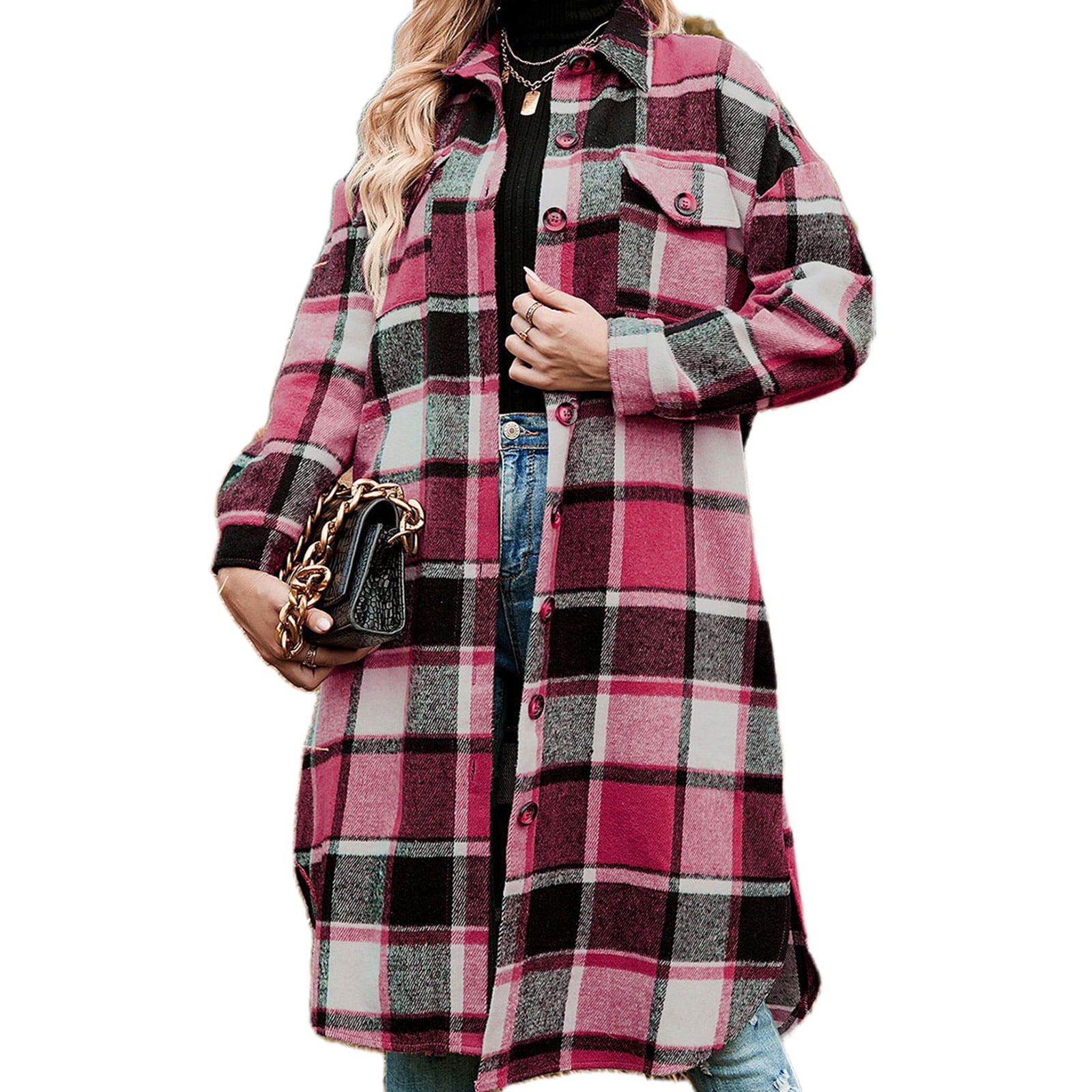 lapel side pockets woolen plaid long coat