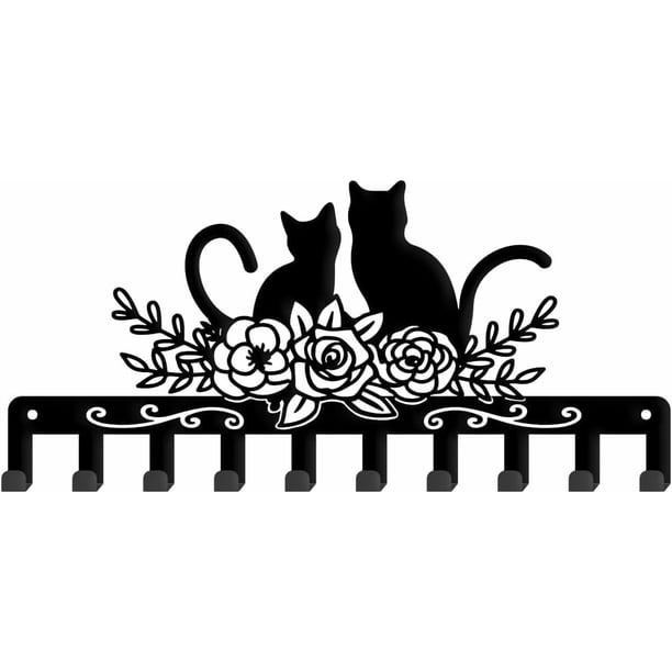 Llavero de pared con diseño de gato y rosa, con 10 ganchos, de metal, personalizado, para colgar en la pared, con diseño de gato negro