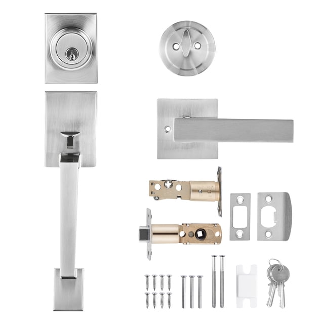 KFFKFF Front Door Handle and Deadbolt Set, Square Entry Handle Set with Lever, Single Cylinder, Adjustable Hole Space, Satin Nickel