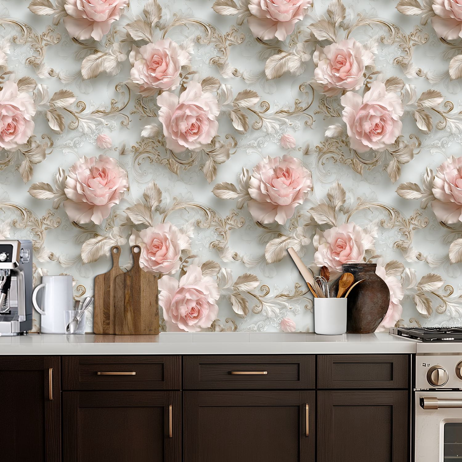 Peel and Stick Wallpaper Elegant Rose Soft Pink Flowers Ornate Gold Detailing Wall Mural 17.7in x 9.8ft Self Adhesive Removable Wall Paper Renter Friendly Wallpaper for Bedroom