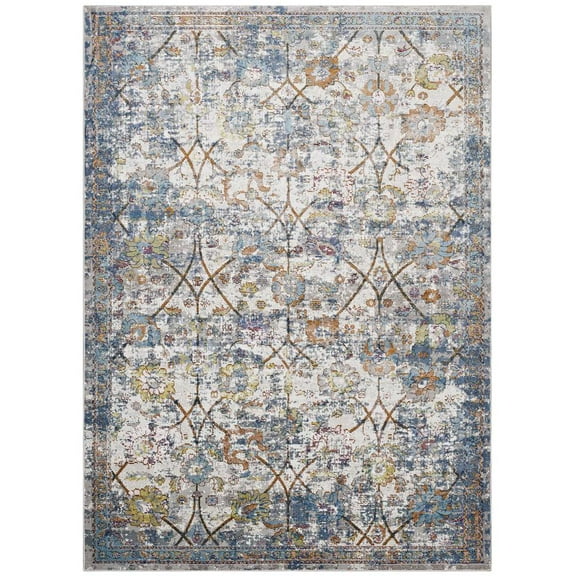 Modway Minu Distressed Floral Lattice 4x6 Area Rug in Light Blue, Yellow and Orange