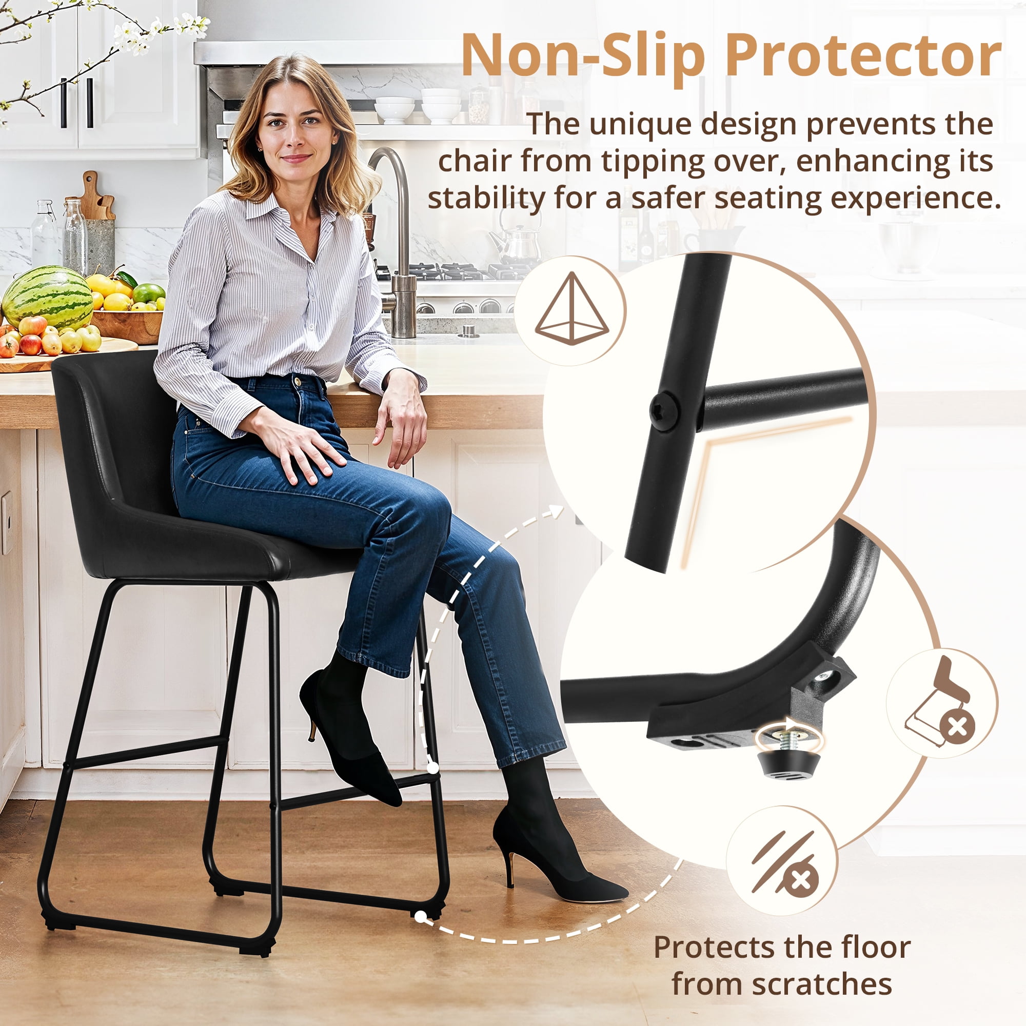 Dycanpo 26" Counter Height Bar Stools Set of 3, Faux Leather 2.5" Cushion, Black