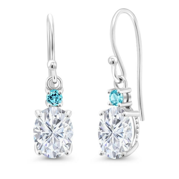 Gem Stone King 10K White Gold Moissanite and Swiss Blue Topaz Dangle Earrings for Women (3.16 Cttw, Gemstone Birthstone, Oval 8x6mm)