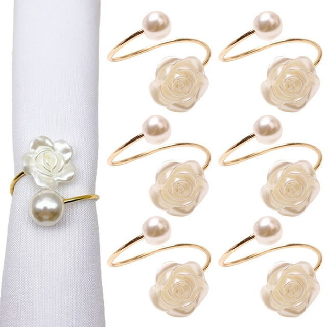 Coofit Anneau de Serviette Fleur en Alliage : 6 Pcs Porte-Serviette Perle Fausse Boucle pour Table