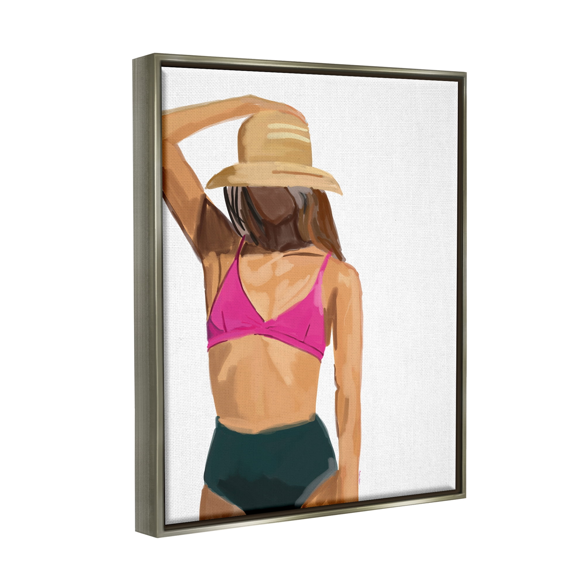 Stupell Industries Summer Beach Girl In Sun Hat Coastal Painting Gray Floater Framed Art Print Wall Art