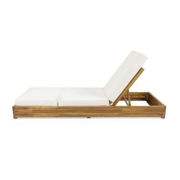 GDF Studio Outdoor Adjustable Acacia Wood Chaise Lounge with Cream Cushion