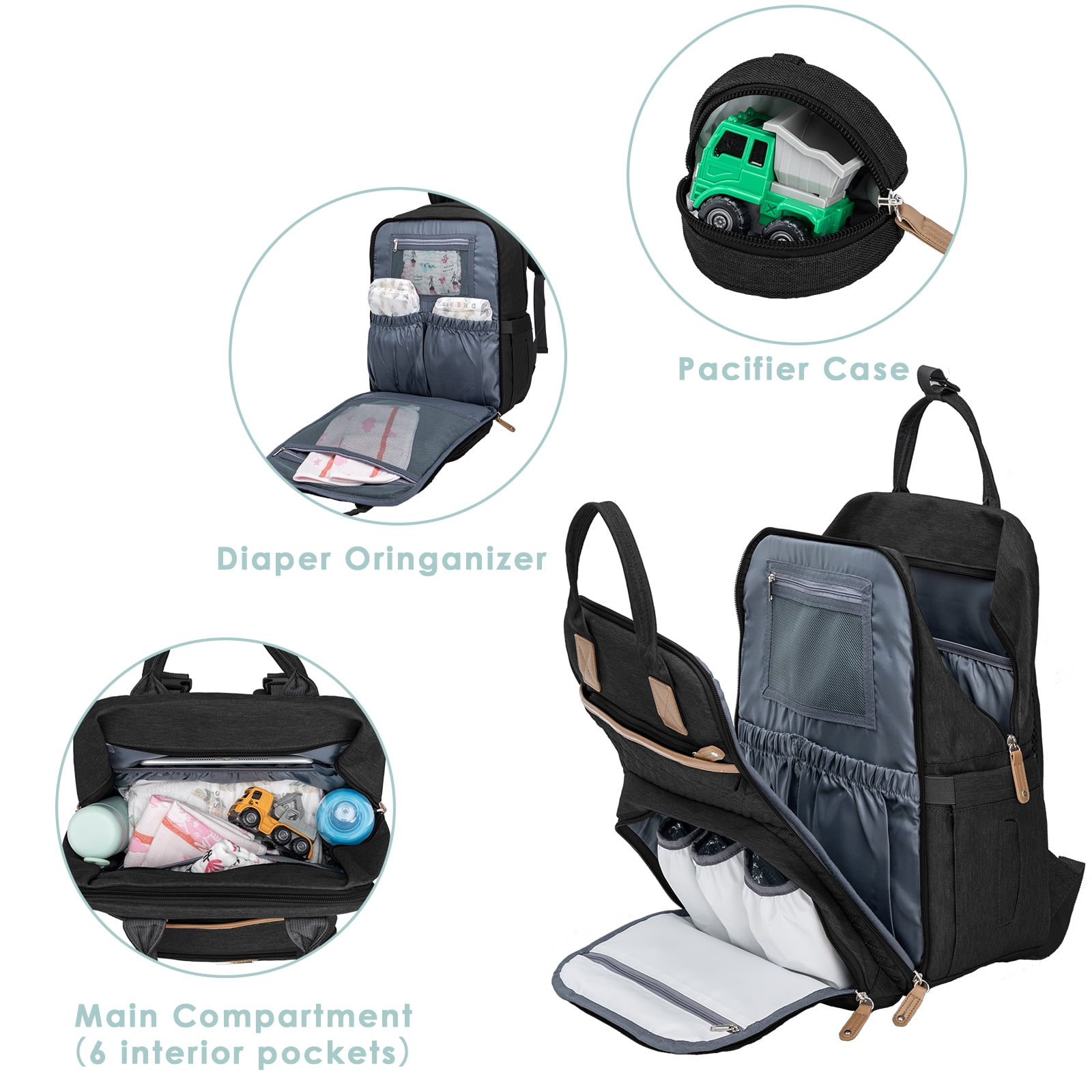 Kabaqoo Large Baby Diaper Backpack, Multifunction Waterproof Mom Bag with Changing Pad, black