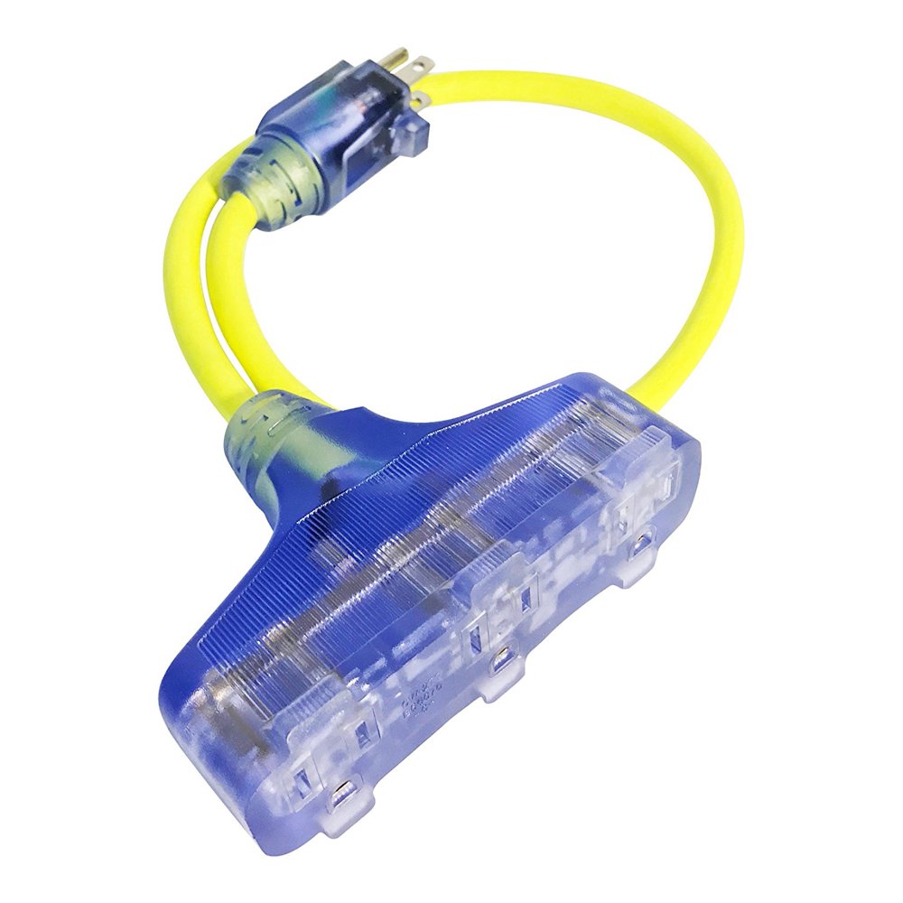 Bold 50031 2' Lighted Triple Tap CGM Pigtail Extension Cord Plug Adapter, Yellow