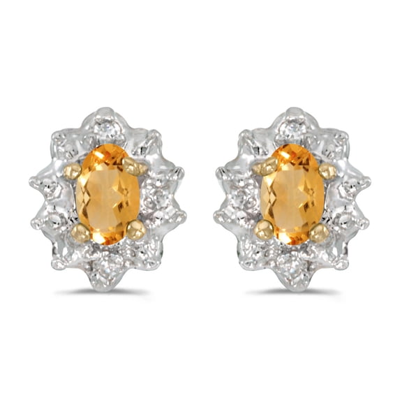 14k Yellow Gold Oval Citrine And Diamond Earrings