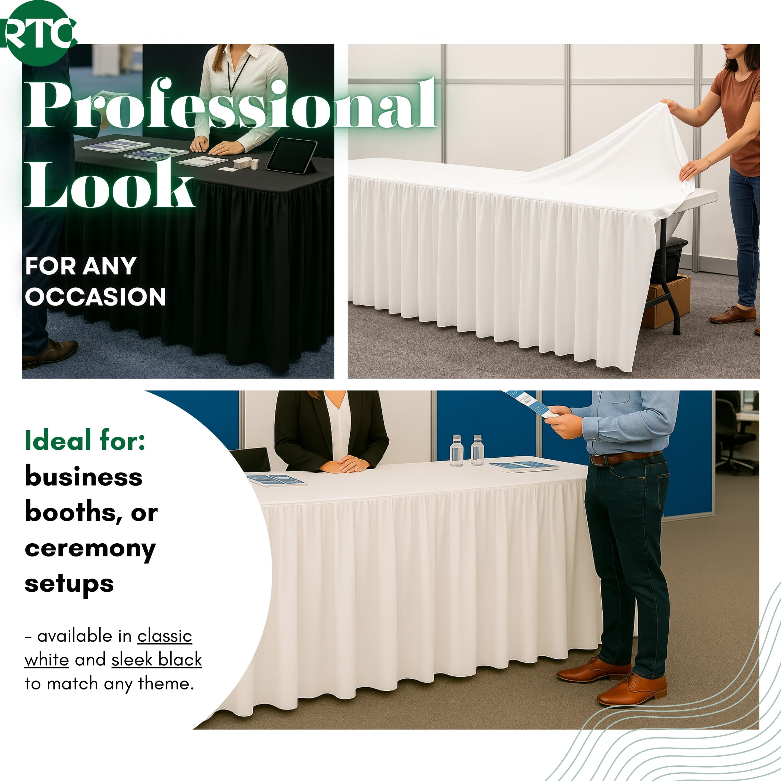 RTC Group Spandex Rectangular Tablecloth Skirt Table Cover, 6Ft Table, 72" x 30", White, 4 PK