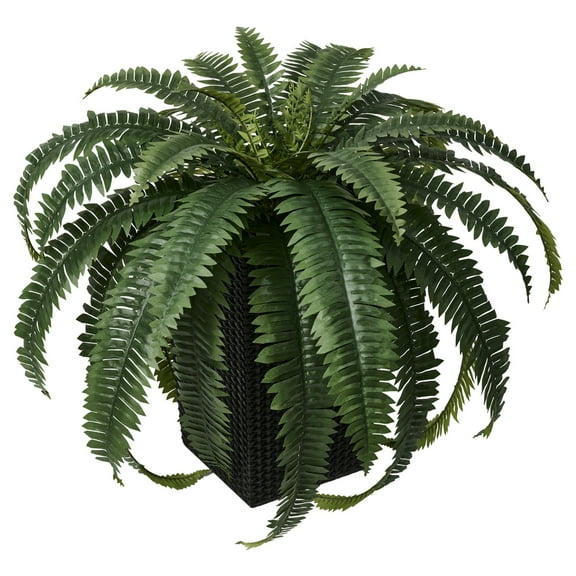 DR.Planzen Artificial Boston Fern Bush Plant with Black Tapered Planter - UV Resistant Faux Ferns with 33 Leaves